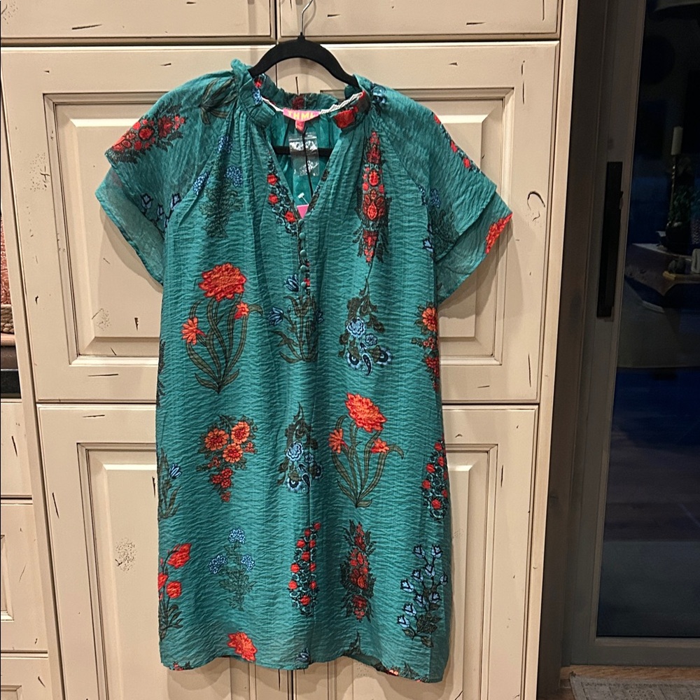 NWT THML Teal Floral Embroidered V-Neck Dress - Size-Medium